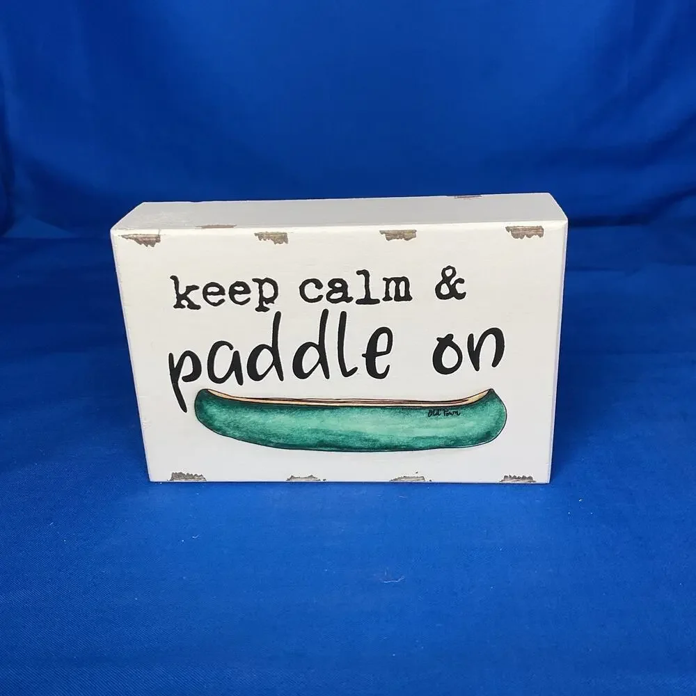 Keep Calm & Paddle On Wooden Block Sign Green Canoe Cabin Lake House Decor